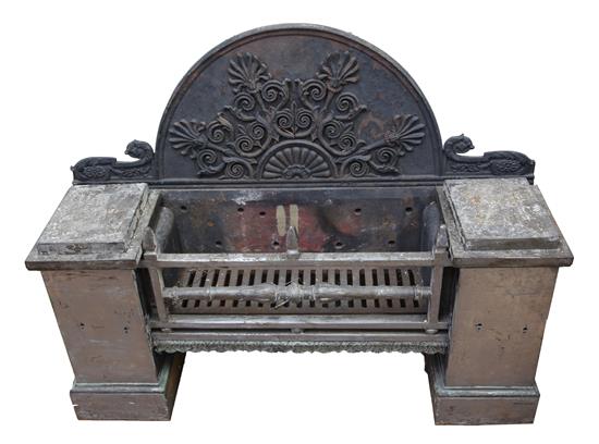 A large Regency polished steel and cast iron fire grate, W.4ft